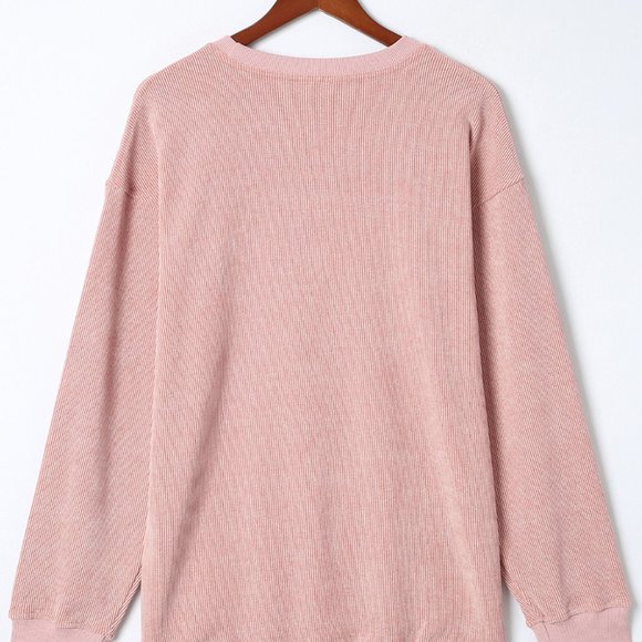 Cali Chic Women Sweatshirt Pink Solid Ribbed Knit Round Neck Pullover - Picture 6 of 10